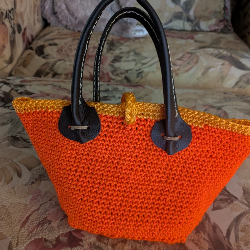 Handmade Crochet Bucket Bag Nylon Mason Line Bright Orange Brown Leather - Picture 3 of 16